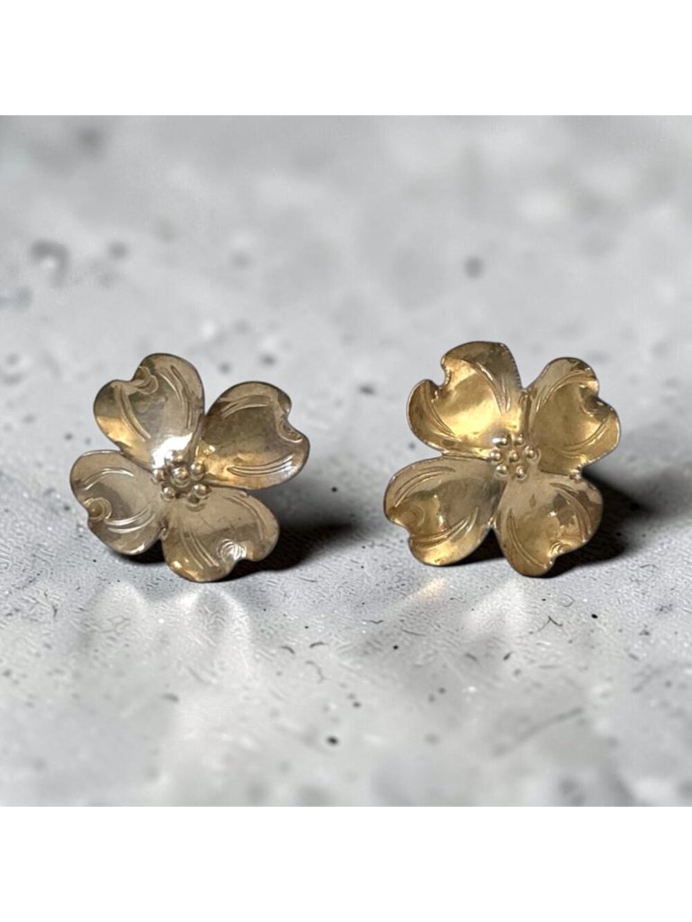 Vintage NYE Sterling Silver Dogwood Screw Back Earrings 0.75" Floral Design 3g